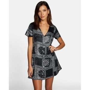 RVCA NEW Womens XS Black Gray Once More Mini Dress V Neck Checkered